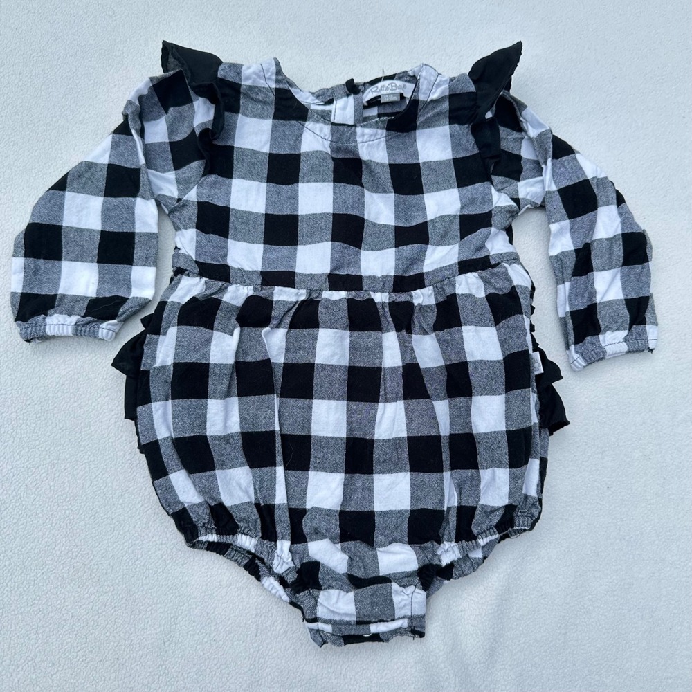 Ruffle Butts Romper Girls 12-18m Black White Buffalo Plaid Ruffle Back Long Slv